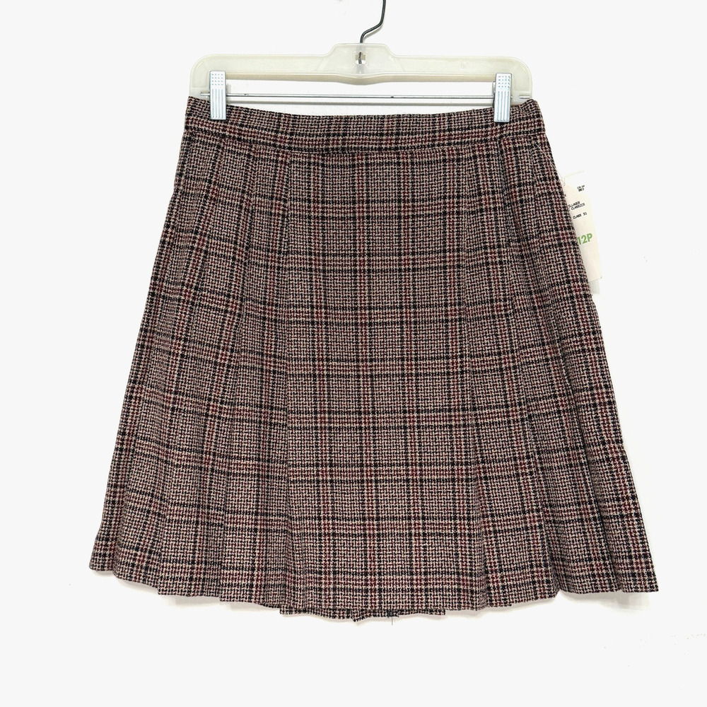 Villager Womens Wool Plaid Skirt Size 12P Brown Preppy Academia Clueless 90s NWT